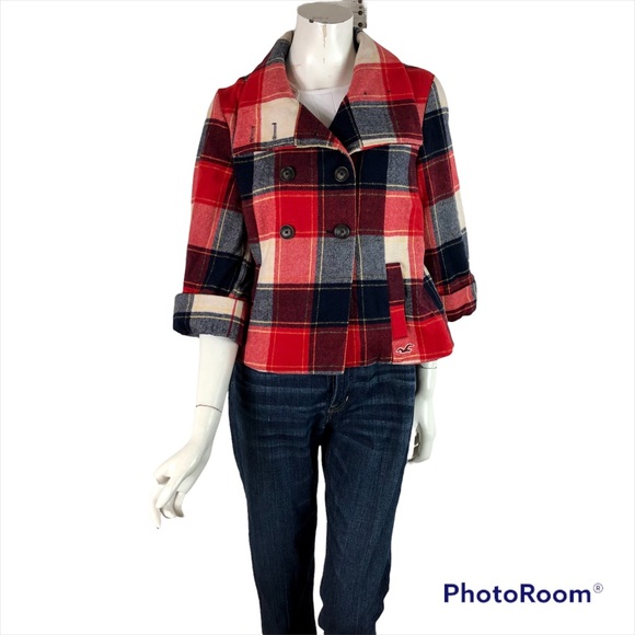 Hollister Jackets & Blazers - Hollister Size M Red Plaid Wool Blend Cropped Peacoat with 3/4 Sleeves